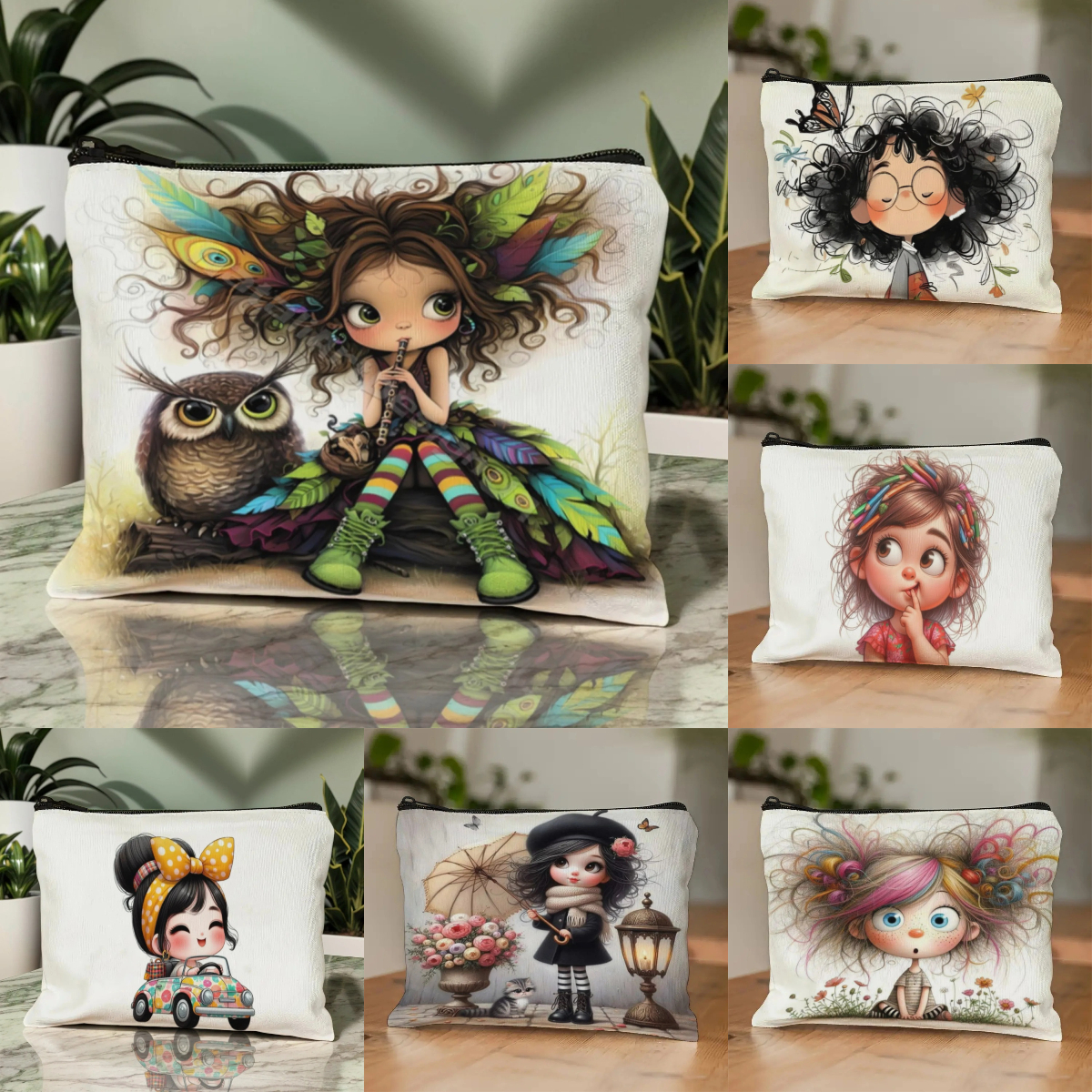 Case With Pencil Holder - Cartoon Girl Makeup Bag Zippered Toiletry
